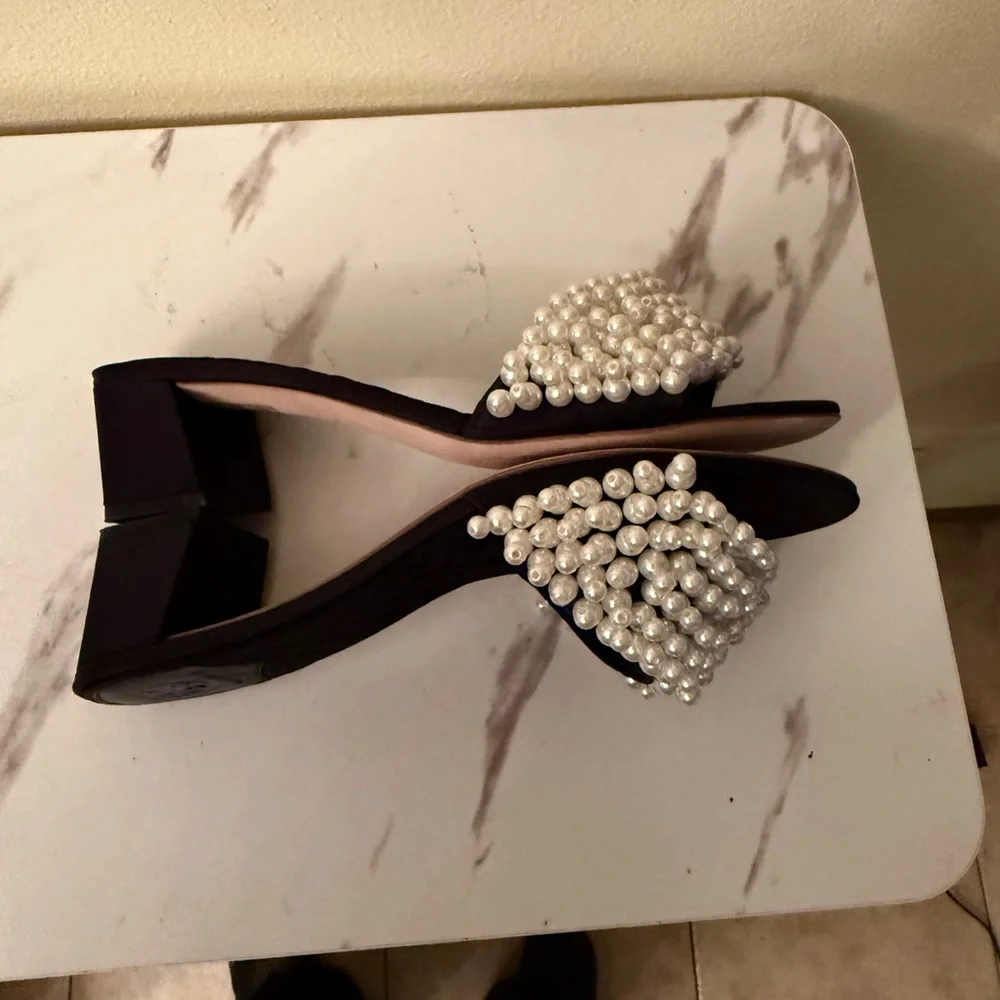 Tory Burch Black Sandal Heels with Pearl Fringe